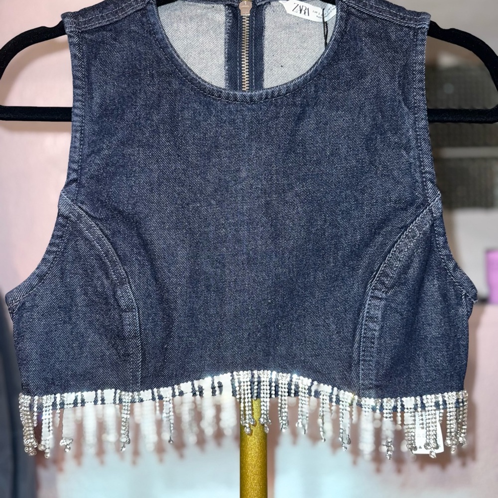 Zara Dark Blue Denim Crop Top with Beaded Hem